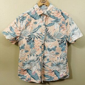 Denim & Flower Tropical Cotton Shirt Button Up Short Sleeve Pink Teal Beach Sz L